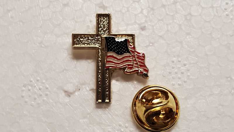USA Flag Gold Cross Cloisonné Hat & Lapel Pin
