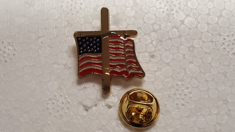 USA Wavy Flag With Gold Cross Cloisonné Hat & Lapel Pin