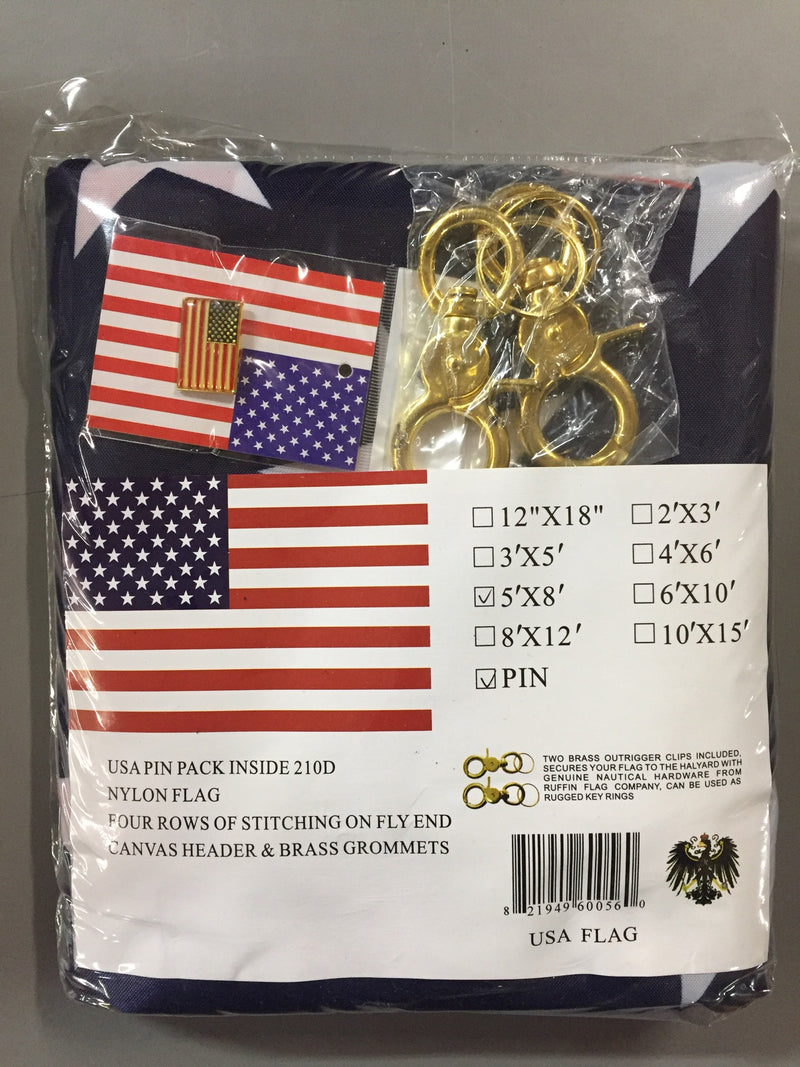 American 5'X8' U.S.A  Flag 100% Rough Tex® 210D Printed Nylon With Four Rows Of Stitching And  Pin Pack