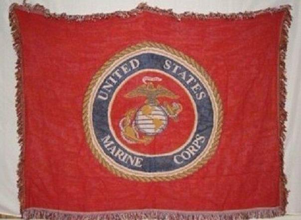 United States Marine Corps USMC Afghan Style Fringe Hem Hand Woven 100% Cotton Blanket