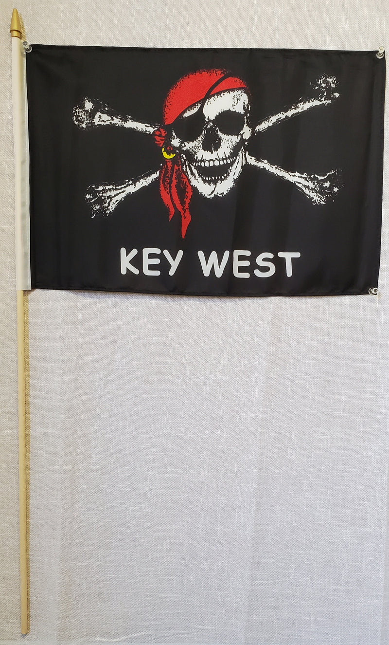 12 Key West Jolly Roger 12"X18" Flag With 30" Inch Wooden Stick  - Rough Tex® 100D