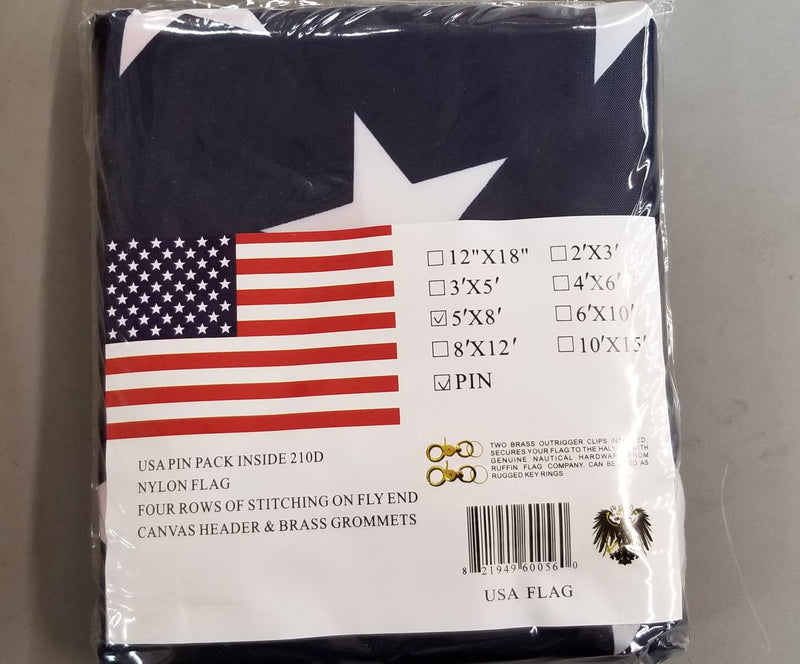 American 5'X8' U.S.A  Flag 100% Rough Tex® 210D Printed Nylon With Four Rows Of Stitching And  Pin Pack