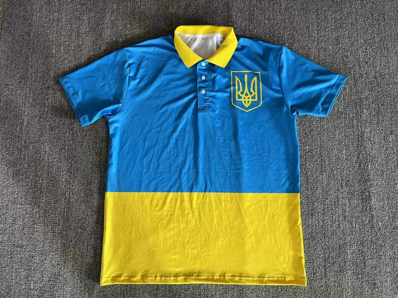Ukraine Official Trident Flag & Royal Crest Athletic Jersey Rough Tex® Polo Shirt Size Large