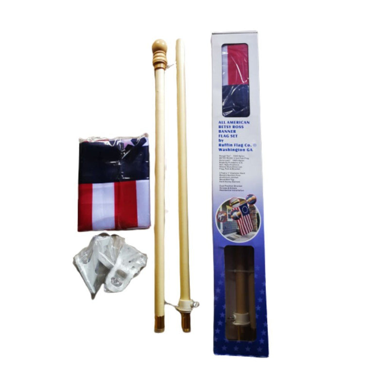 All American Betsy Ross Banner 5' Foot 1" Diameter Hard Wood Flag Pole Set With Wood Ball Top