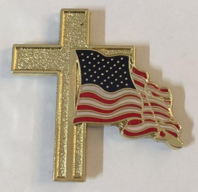 USA Flag Gold Cross - Cloisonne Hat & Lapel Pin