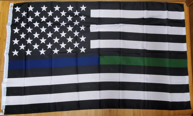 US Military and Police Memorial Thin Blue Green Line 3'X5' Flag Rough Tex® 68D Nylon